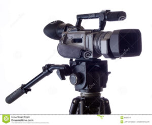 black-video-camera-mounted-tripod-against-white-9526219